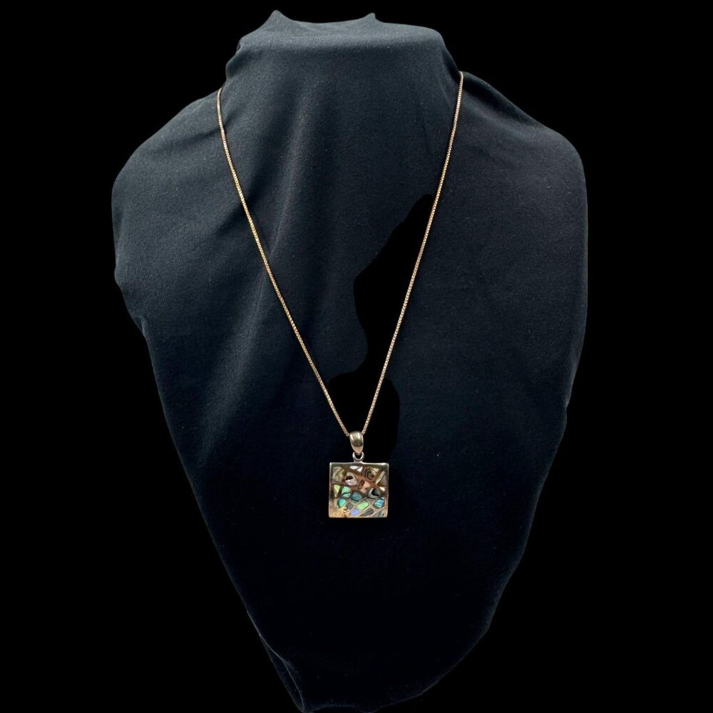 Vtg Abalone Shell Mosaic Square Pendant Sterling Silver Gold Tone Necklace Sea - Picture 10 of 16